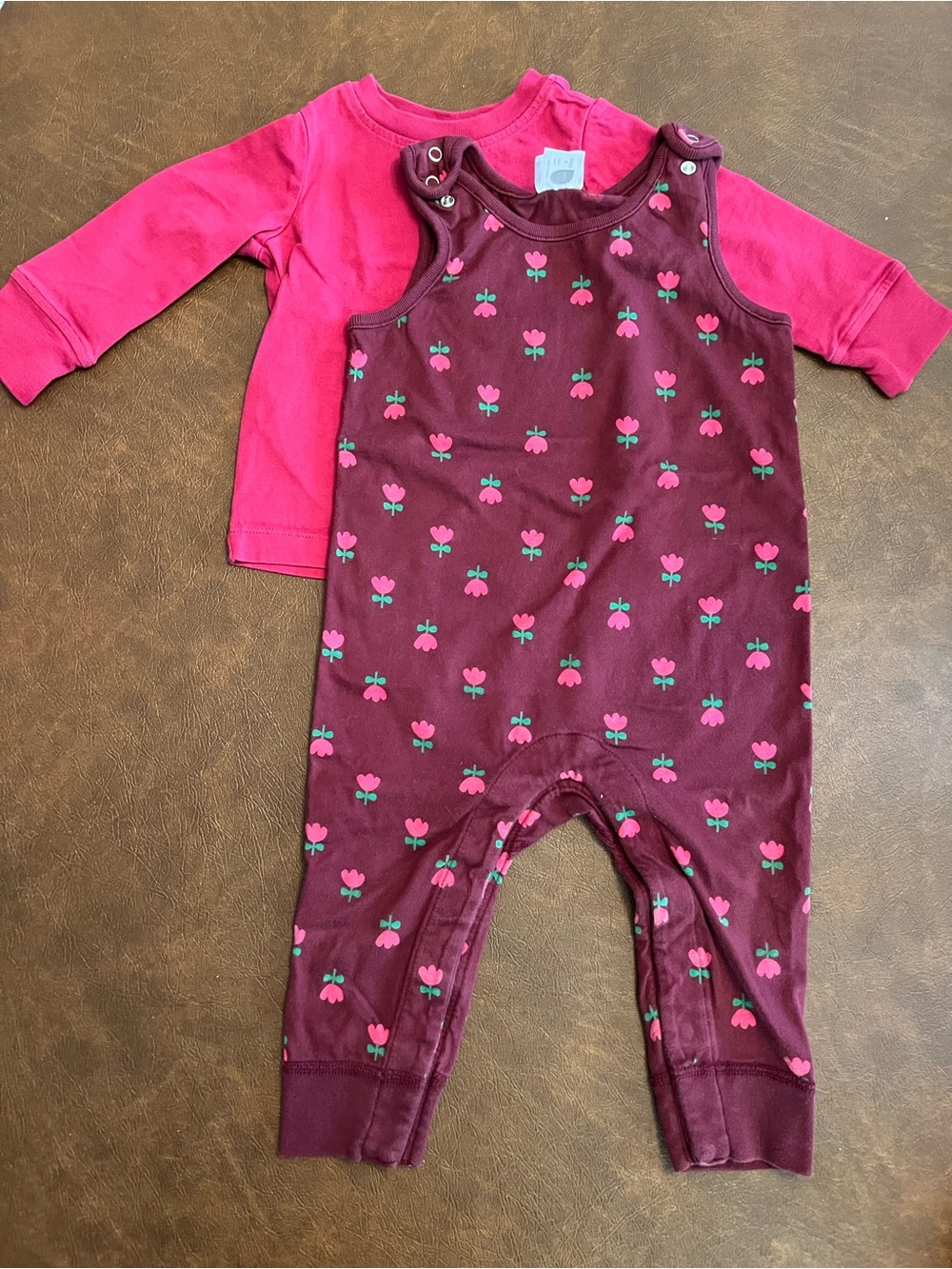 Hanna Andersson Maroon Floral Overalls and Long-Sleeve Shirt Set 18-24M